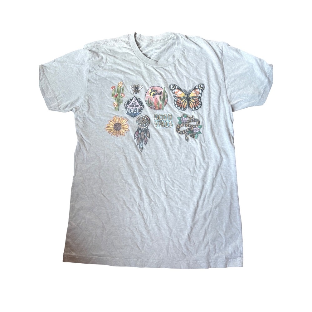 Rowdy Crowd Clothing‎ Womens Small Grey Graphic Tee Good Vibes Butterfly Cactus